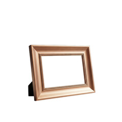 Empty wooden picture frame standing on a surface with soft lighting and a dark background