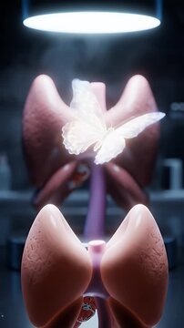 Human Thyroid Gland with Butterfly Animation Demonstrating Thyroid Disease and Disorders in Medical Illustration with Detailed Texture Under Surgical Light and Dark Studio Environment