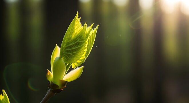 Close-up of vibrant green leaves unfurling on a tree branch in springtime