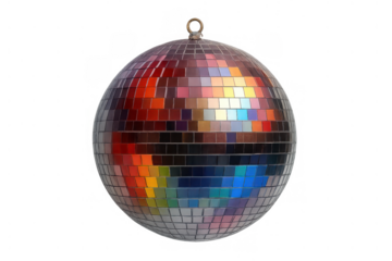 Disco ball reflecting a full spectrum of colors, enhancing a festive celebration, music, and dance party theme on a transparent background