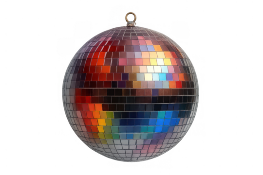 Disco ball reflecting a full spectrum of colors, enhancing a festive celebration, music, and dance party theme on a transparent background