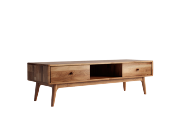 Light brown wooden TV stand with two drawers and open center