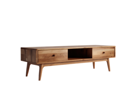 Light brown wooden TV stand with two drawers and open center