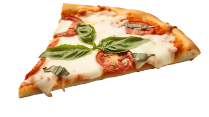 Slice of margherita pizza with fresh basil