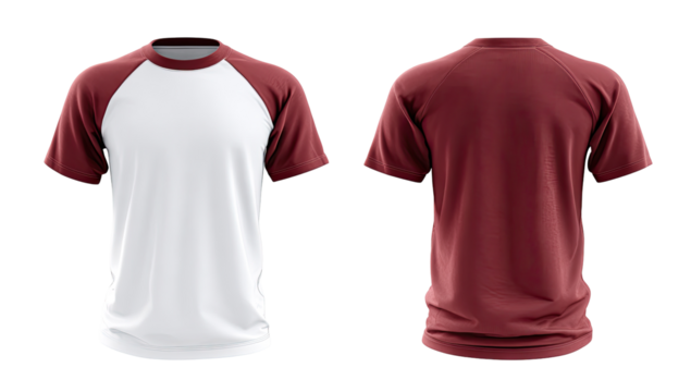 Front and back view of a burgundy t-shirt with white raglan sleeves