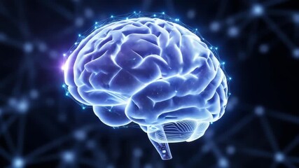 Glowing blue digital brain with neural network connections pulsing with light representing artificial - Powered by Adobe
