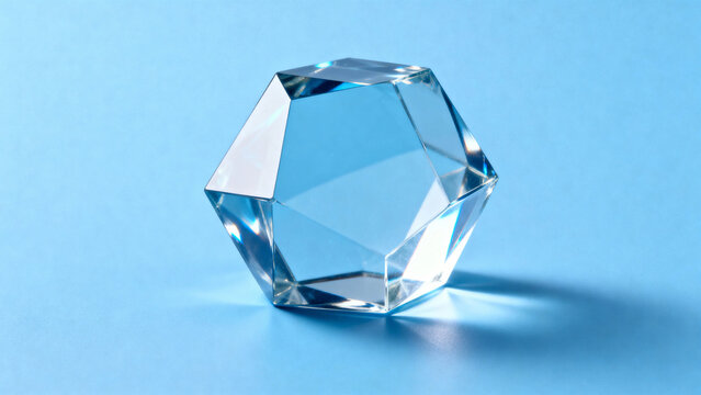 A clear, multifaceted crystal prism on a blue background