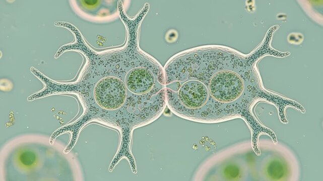Microscopic World of Dividing Amoeba, a detailed close-up reveals cellular division and intricate
