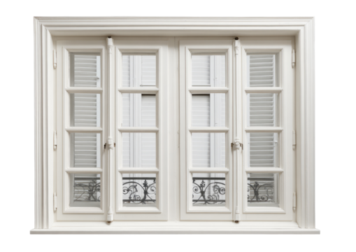 White, ornate window with shutters