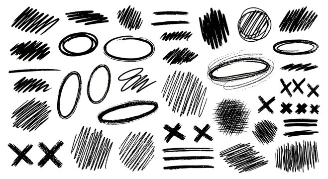 Variety of hand-drawn scribble elements for design and highlighting purposes, versatile doodles