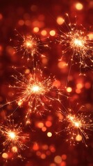 Fototapeta premium Sparkling fireworks burst against a vibrant red background, creating a festive atmosphere filled with glowing bokeh lights, ideal for celebrations and holiday events