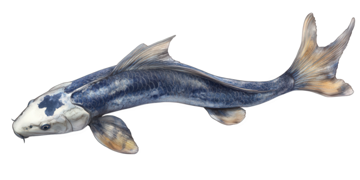 Elegant blue and white koi fish isolated on transparent background, showcasing intricate patterns and graceful form, symbolizing tranquility and beauty in aquatic life