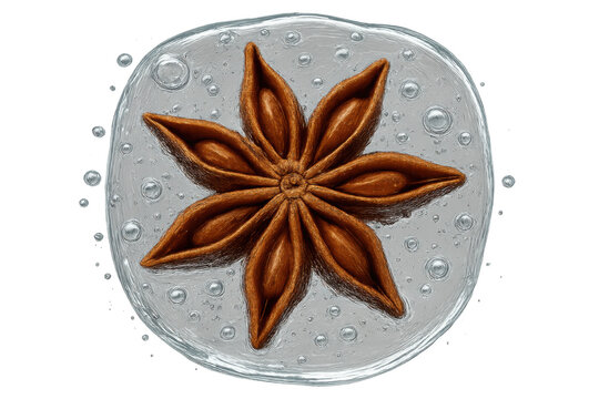 Star anise frozen inside ice cube, adding flavor to a cold beverage, transparent background