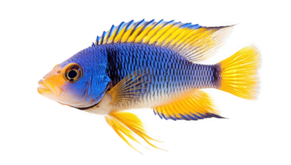 A striking blue and yellow fish, isolated on transparent background, exhibits its vibrant colors and unique features in a captivating aquatic portrait