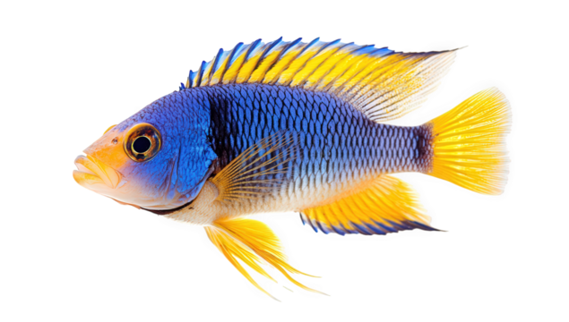 A striking blue and yellow fish, isolated on transparent background, exhibits its vibrant colors and unique features in a captivating aquatic portrait