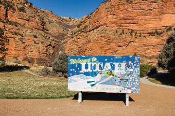 Red Rock View and Welcome to Utah Sign at the Echo Canyon Rest Area on Interstate 80.
