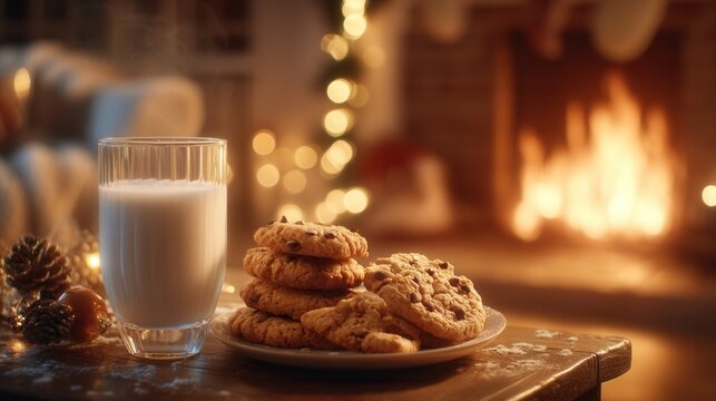 Warm holiday scene featuring a plate of freshly baked cookies and a glass of milk on a wooden table, with a cozy fireplace and festive decorations in the background