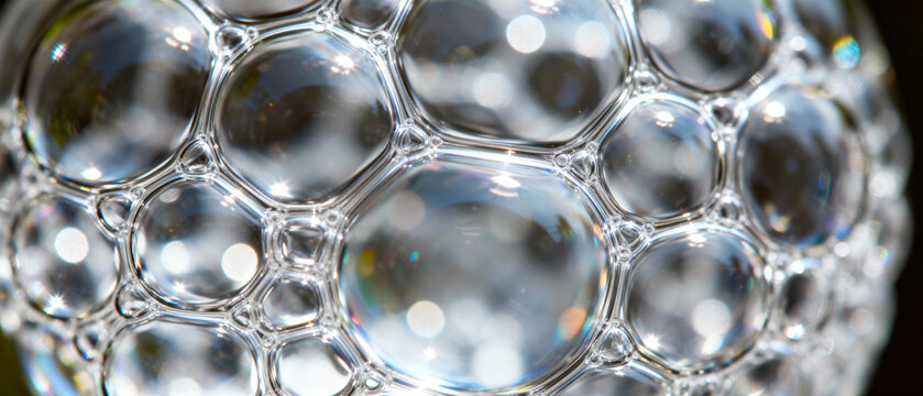 Close-up of interconnected soap bubbles forming a spherical structure with reflective surfaces and iridescent highlights