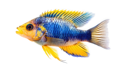 A vibrant ram cichlid, isolated on transparent background, showcases its stunning blue and yellow coloration, making it a captivating subject for aquarium enthusiasts