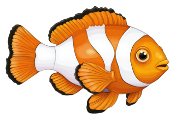A delightful cartoon clownfish, isolated on transparent background, showcases its vibrant orange and white stripes, making it a perfect addition to any project