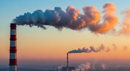 Industrial Air Pollution: Smoke and Exhaust Fumes Pouring from Red and White Striped Factory Chimneys Against a Sunset Sky for Environmental Hazard and Climate Change