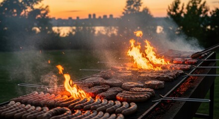 Outdoor BBQ Grill: Sausages and Steaks Cooking on an Open Grill with Bright Flames and Smoke Against a Sunset Background for Summer and Food Preparation