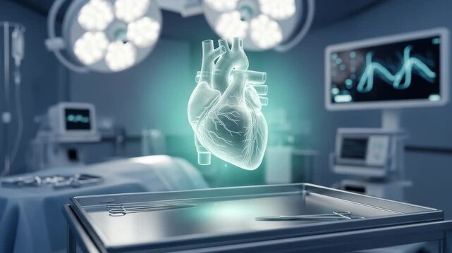 Futuristic holographic human heart glowing in sterile operating room with medical equipment and E K G