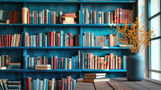 A blue bookshelf with books and a vase