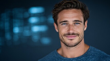 Modern portrait of a happy young man radiating positive vibes in simplicity. Glowing dashboards. Captivating close-up of a youth with a vibrant smile on a neutral gray stage. Tech panels.