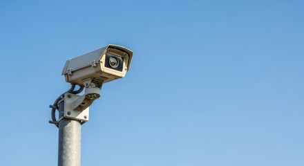 Outdoor Surveillance Camera: Close-up of a CCTV Security Camera Mounted on a Pole Against a Bright Blue Sky for Monitoring and Public Safety
