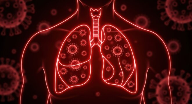Viral Lung Infection: Red 3D Illustration of Human Lungs and Respiratory System Contaminated with Virus Particles for Medical Research and Disease Awareness - Powered by Adobe