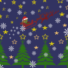 christmas background with stars, Pixel Art Christmas Pattern with Santa Sleigh, Reindeer, and Christmas Trees on Blue Background