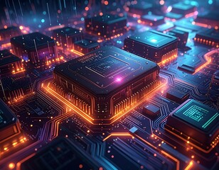 A futuristic depiction of computer circuit boards and components