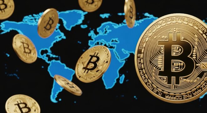 Global Cryptocurrency Market: Gold Bitcoin Coins Floating Over a Blue World Map Network for Digital Finance, Blockchain, and Worldwide Investment