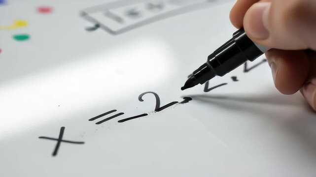 Solving mathematical equations with a marker on a whiteboard for education or business