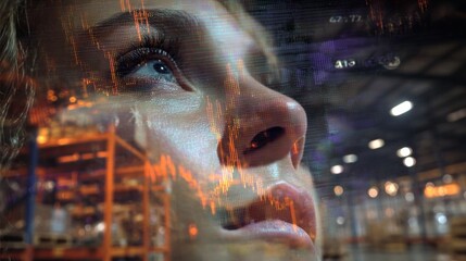 A warehouse view into the world's trade challenges. Data analysis. Dynamic lighting highlights tariff impact in a warehouse. Financial charts. Corporate finance.