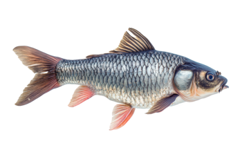 A silver barb fish, isolated on transparent background, displays its scales and fins, swimming in freshwater with a streamlined body and a curious expression