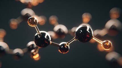 3D macro shot of molecule structure; spheres connected by rods, bokeh effect