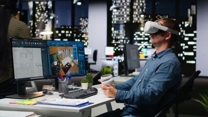 Interior designer using virtual reality headset to create a floor plan, working on apartment layout with architectural software and blueprints. VR glasses and CAD modeling program. Camera B. - Powered by Adobe