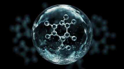 3D rendering of a molecular structure in water bubble against a black background