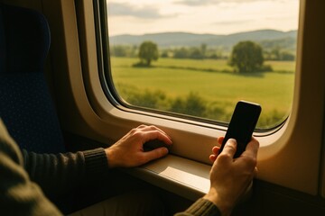 Person traveling by train using smartphone