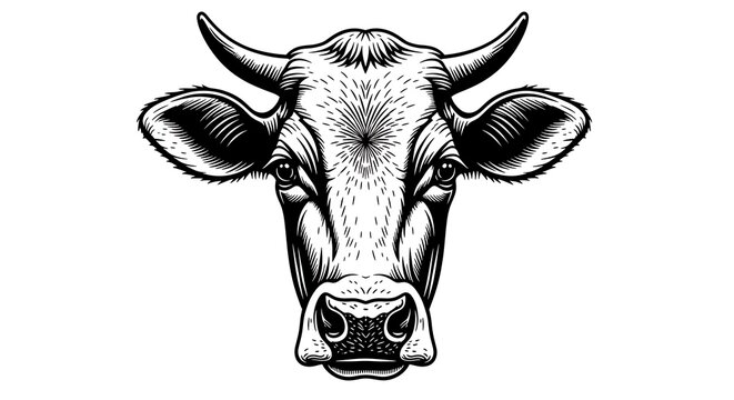 Detailed hand drawn sketch of a cow s head facing forward isolated on white background