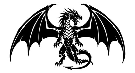 Intricate black silhouette of a mythical dragon with spreading wings isolated on white background