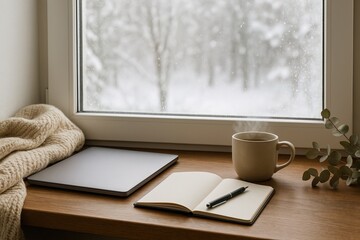 Cozy winter comfort with hot drink and laptop