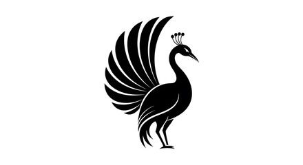 Fototapeta premium Elegant black silhouette of a peacock with fanned tail isolated on white background