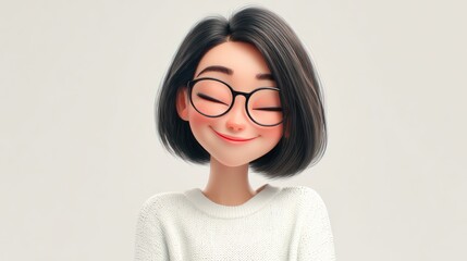 3D-rendered illustration of a cheerful, animated girl with short black hair, glasses, and a sweater © Adzkiya