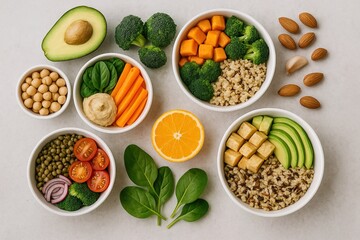 Healthy plant-based meals in bowls featuring fresh ingredients