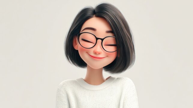 3D-rendered illustration of a cheerful, animated girl with short black hair, glasses, and a sweater