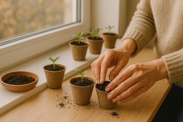 Hands planting young green seedlings in peat pots