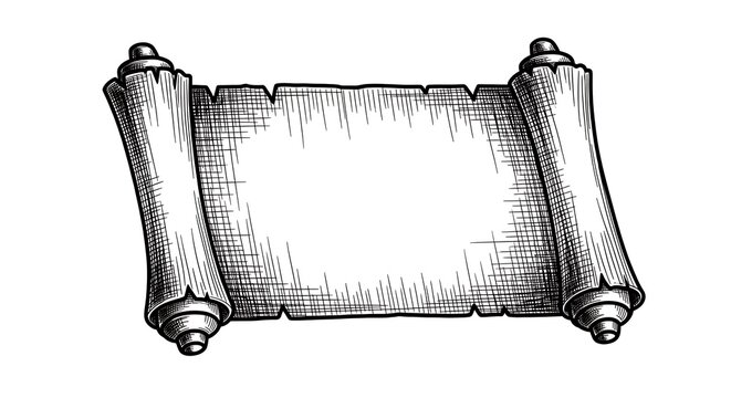 Vintage hand drawn scroll illustration with aged paper texture isolated on white background